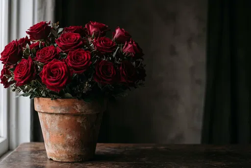 Red Roses in Weathered Terracotta Pot