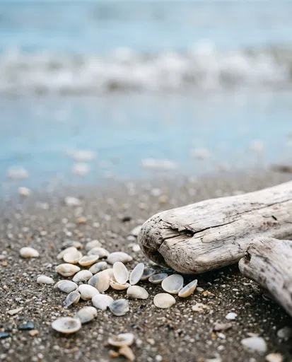 Driftwood and White Shells on Beach