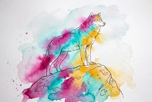 Watercolor and Ink Wolf on Rock