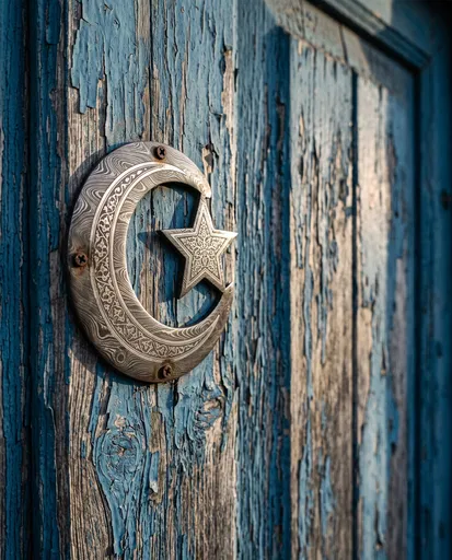 Damascus Steel Crescent on Blue Door