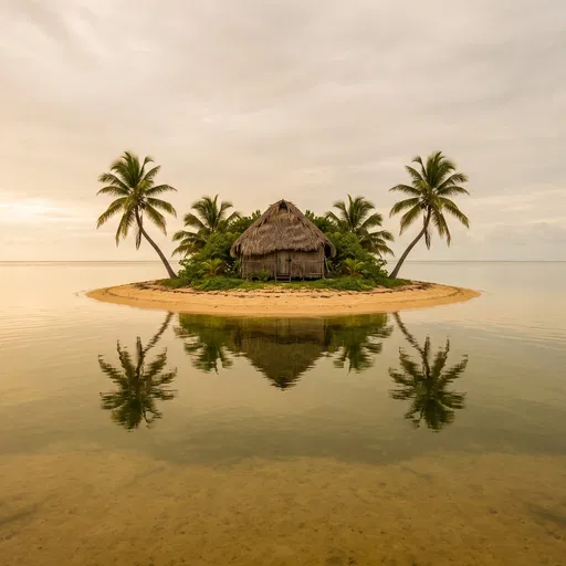 Symmetrical Tropical Island With Thatched Hut