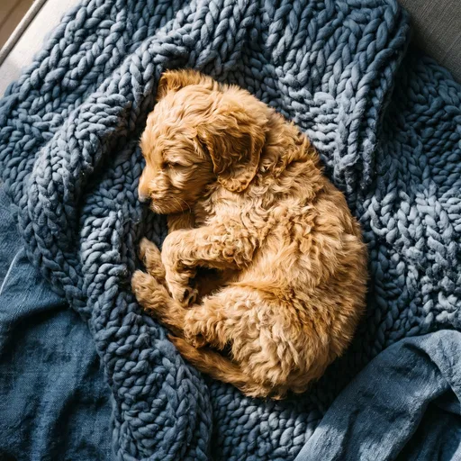 Golden Labradoodle Puppy Sleeping on Blue Blanket
