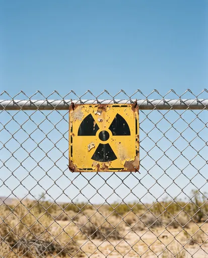 Weathered Radiation Sign on Chain-Link Fence