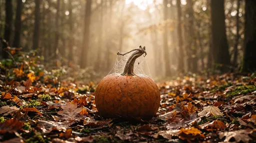 Rustic Pumpkin With Cobwebs in Forest