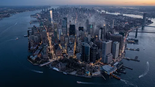 Aerial View of Lower Manhattan at Dusk