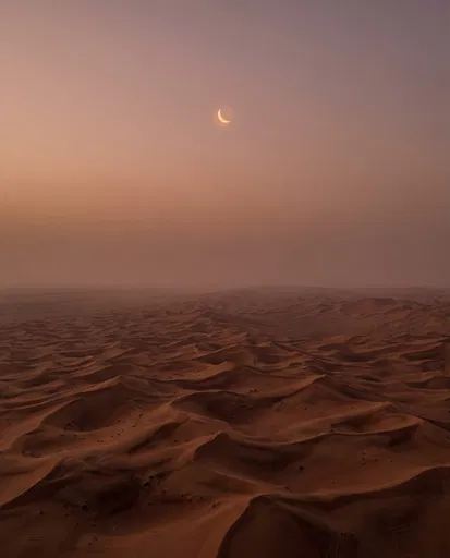 Crescent Moon Over Twilight Desert Dunes