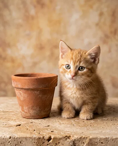 Ginger Kitten Beside Terracotta Clay Pot
