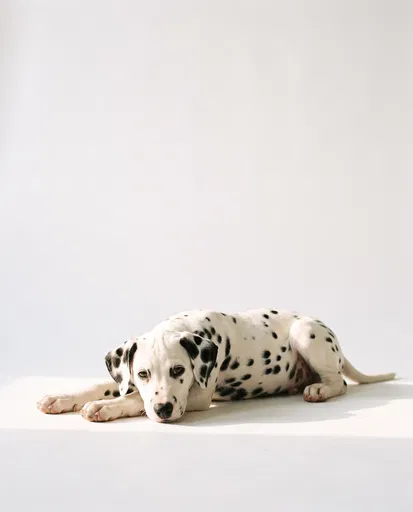 Dalmatian Puppy Resting on White Background