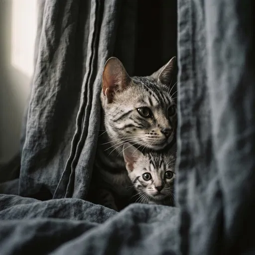 Bengal Cat and Kitten Behind Drapes