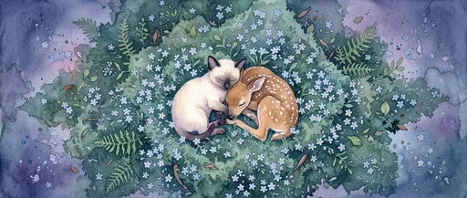 Watercolor Kitten and Fawn Sleeping in Flowers