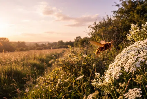 Hornet Hovering Near Wildflowers at Sunset