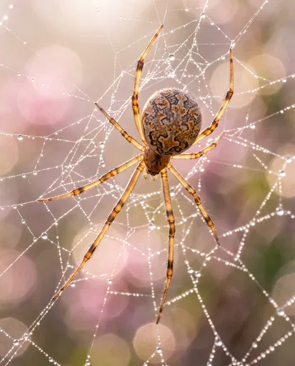Brown Spider on Dewy Morning Web