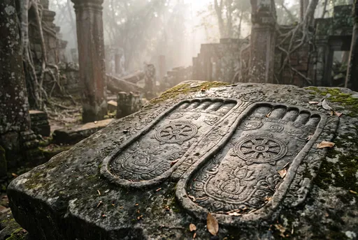 Ancient Stone Carving of Buddha Footprints