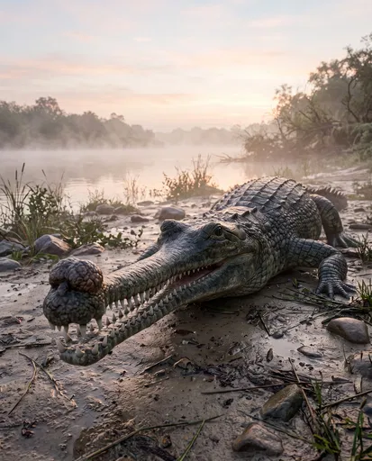 Male Gharial on Misty Riverbank at Dawn
