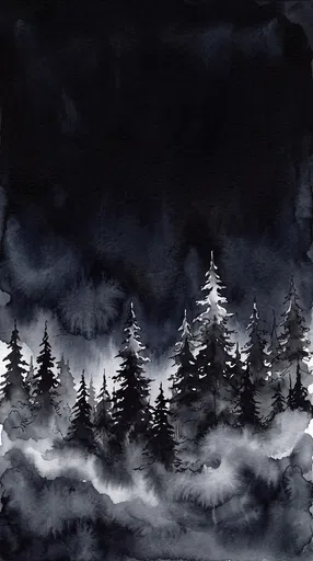Moody Watercolor Pine Forest at Night