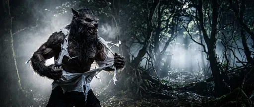 Werewolf Tearing Shirt in Foggy Forest