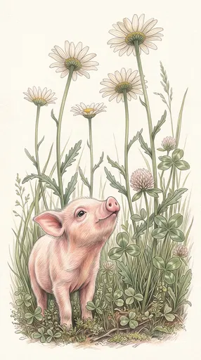 Botanical Drawing of Piglet and Meadow Daisies