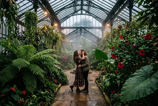 Two Women Kissing in Botanical Glasshouse