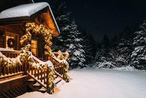 Snowy Cabin Porch With Holiday Lights