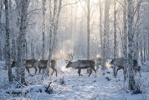 Reindeer Herd in Frosted Birch Forest