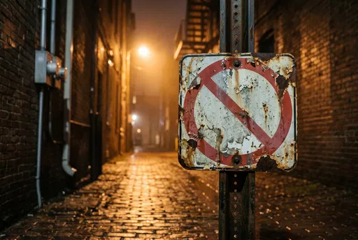 Weathered Prohibition Sign in Night Alley