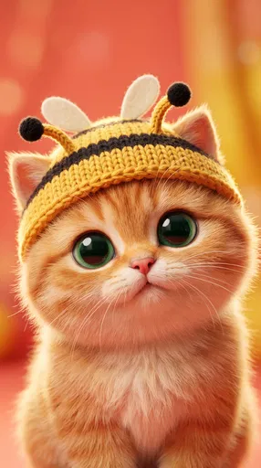 Cute Ginger Kitten in Knitted Bee Hat