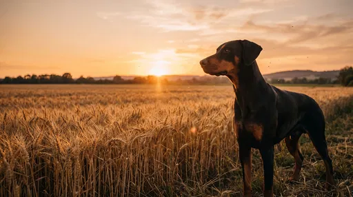 Doberman Standing in Sunset Wheat Field