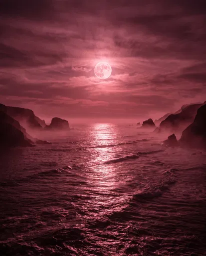 Pink Full Moon Over Ocean Waves