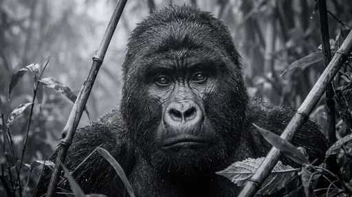 Monochrome Portrait of Mountain Gorilla in Bamboo