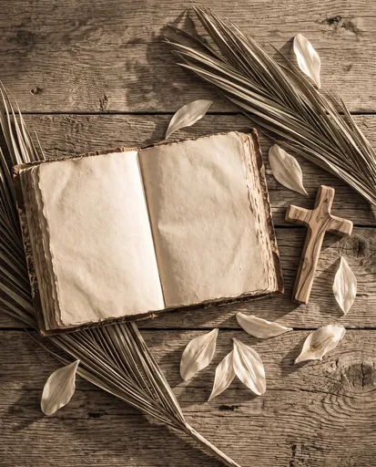 Antique Book and Cross Flat Lay
