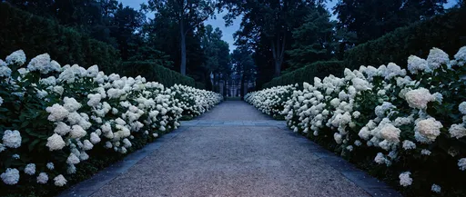 White Hydrangea Garden Pathway at Twilight