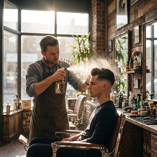 Barber Spraying Client Hair in Sunlit Shop