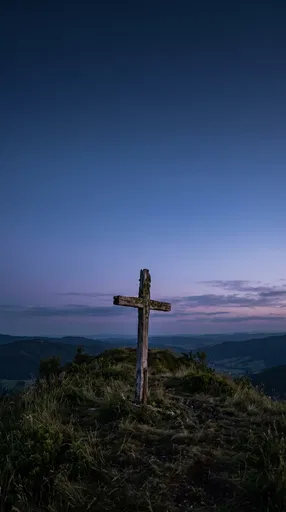 Wooden Cross on Hilltop at Twilight