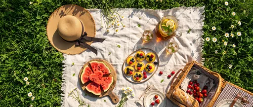 Overhead Summer Picnic Spread on Grass
