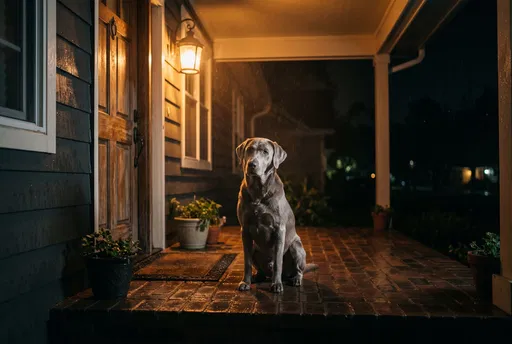 Silver Labrador Sitting on Porch at Night