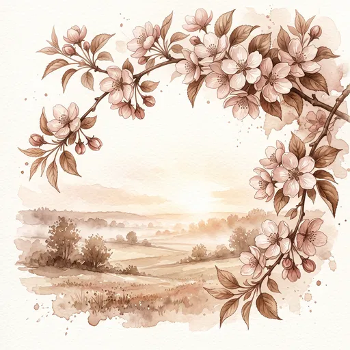 Sepia Watercolor Apple Blossoms and Meadow