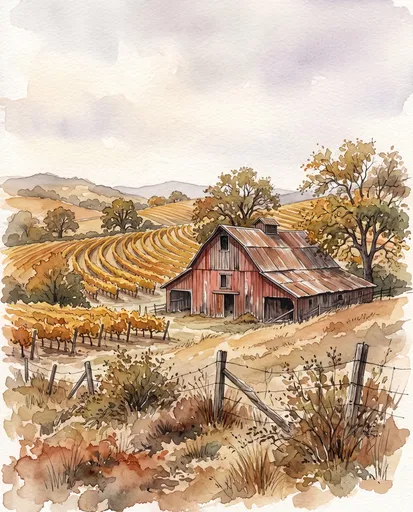 Watercolor Red Barn in Autumn Vineyard