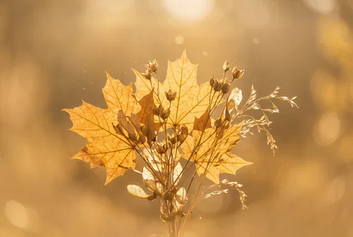 Backlit Golden Maple Leaves and Botanicals