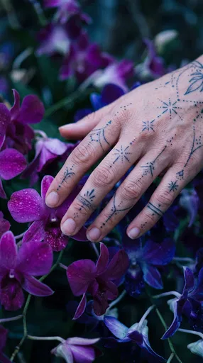 Tattooed Hand Resting Among Purple Orchids