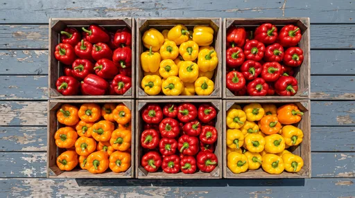 Colorful Bell Peppers in Wooden Crates