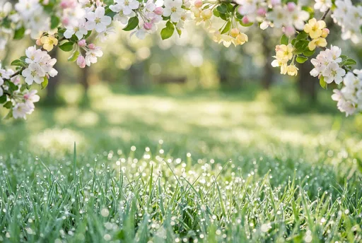 Dewy Spring Grass Framed by Blossoms