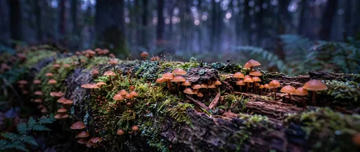 Amber Mushrooms on Mossy Forest Log