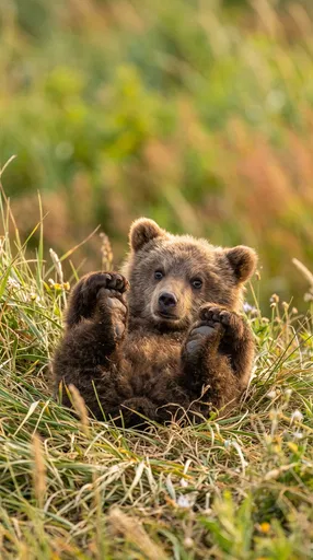 Playful Brown Bear Cub in Meadow