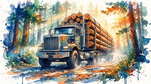 Watercolor Illustration of Logging Truck in Forest