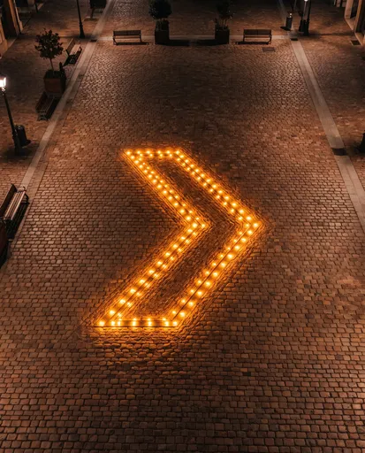 Glowing Amber Arrow in Cobblestone Plaza
