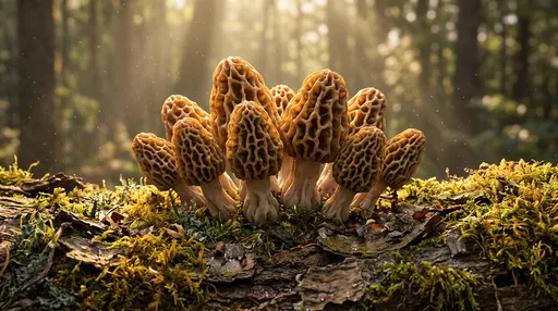 Cluster of Morel Mushrooms on Mossy Log