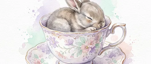 Watercolor Bunny Sleeping in Floral Teacup