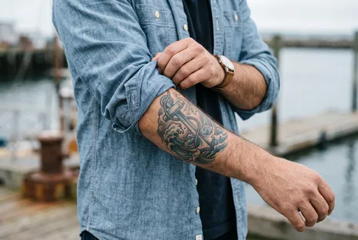 Man Rolling Sleeve Revealing Nautical Forearm Tattoo