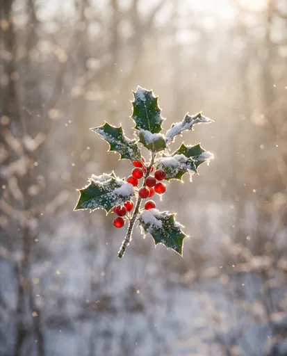 Frosted Holly Sprig in Winter Sunlight