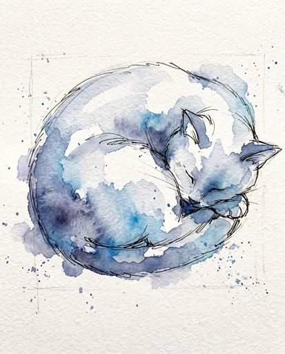 Blue Watercolor Sleeping Cat Illustration